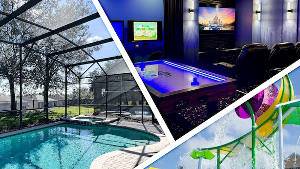 A swimming pool with a hot tub, a covered outdoor seating area, and a home theater with a large screen and comfortable seating. - Under the Sea Villa – 3mi to Disney! Remodeled! 5 Bed&Bath, Private Pool/Spa! (Four Corners)