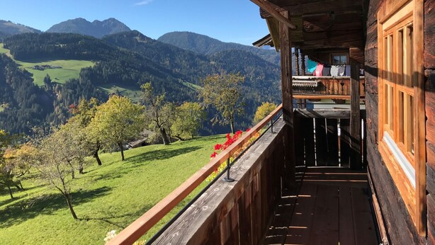 En træterrasse med udsigt over en grøn dal og bjerge.