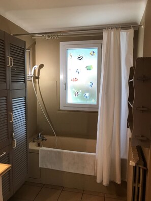 Bathtub, hair dryer, towels, toilet paper