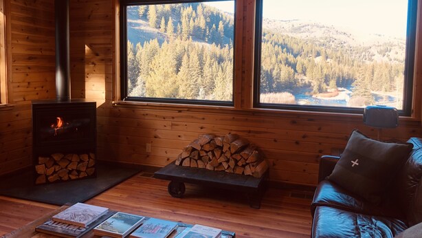 Interior acolhedor de uma cabana com lareira a lenha, uma janela grande com vista para a floresta, um sofá de couro e uma pilha de lenha.