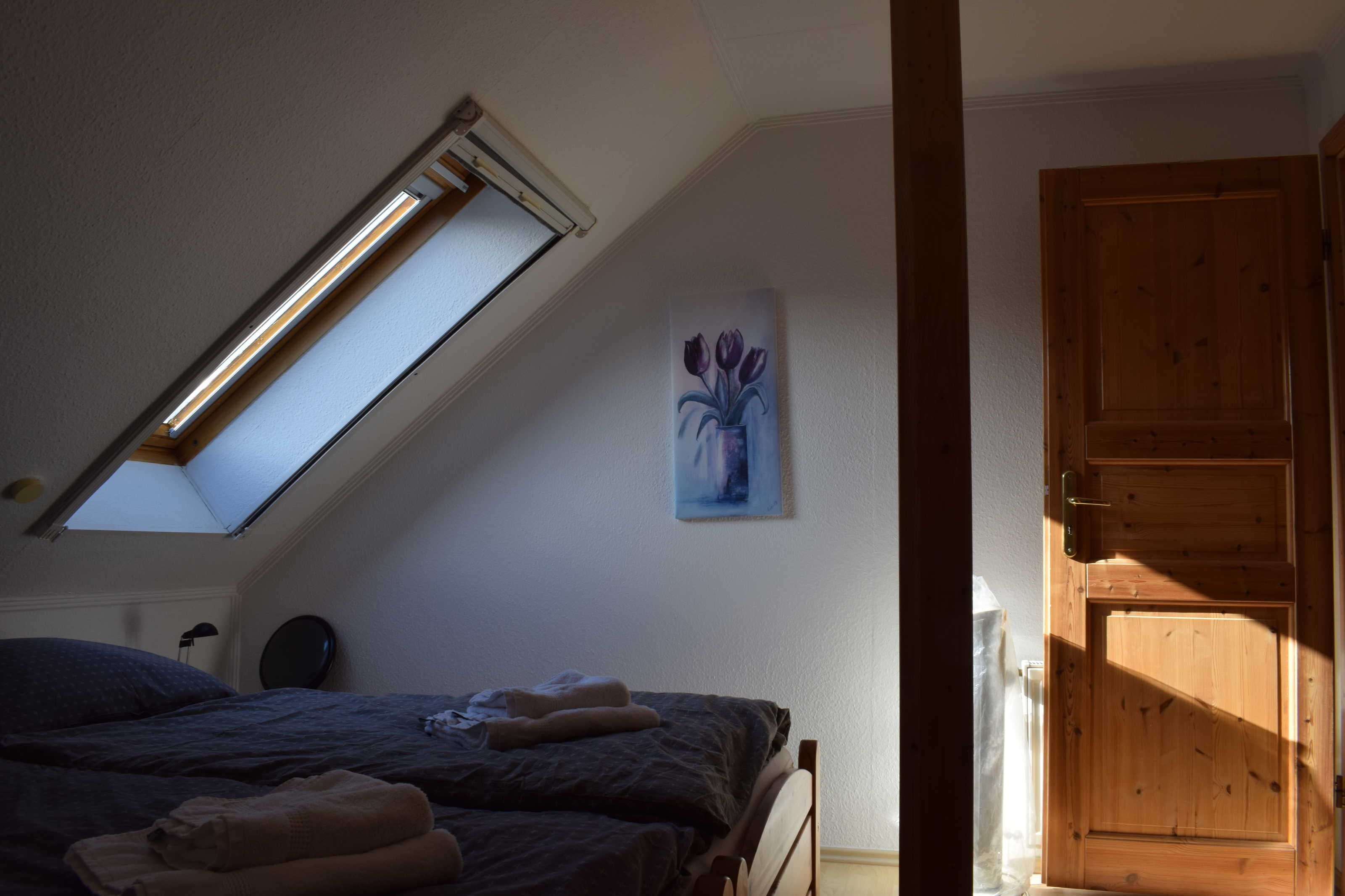 A bedroom with a skylight, a painting of flowers, a wooden door, and a bed with folded towels.