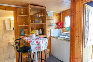 Fridge, coffee/tea maker, electric kettle, toaster