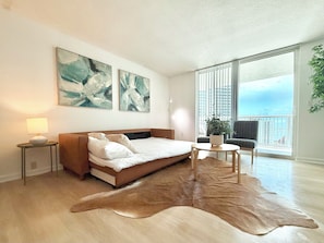 1 bedroom, desk, iron/ironing board, travel crib