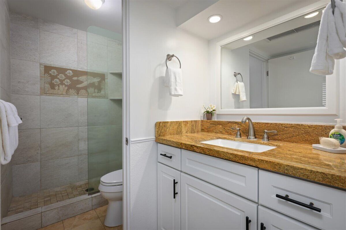 Un baño con cabina de ducha de vidrio, inodoro blanco, lavamanos con encimera de granito y un espejo grande.