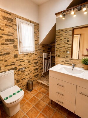 Shower, hair dryer, toilet paper