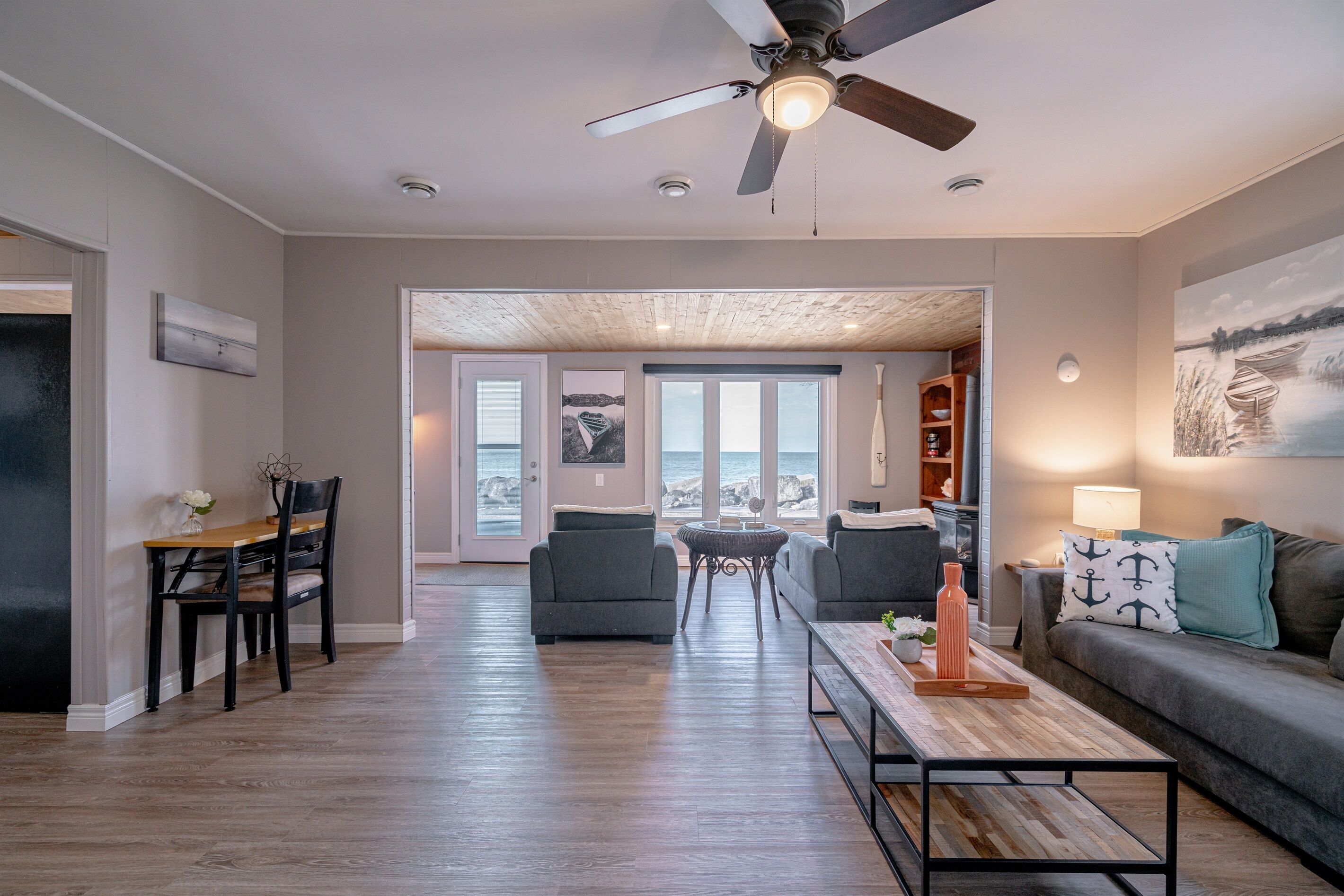 TV connectée, cheminée, livres