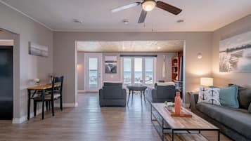 TV connectée, cheminée, livres