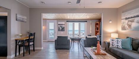 Smart TV, fireplace, books