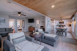 Smart TV, fireplace, books