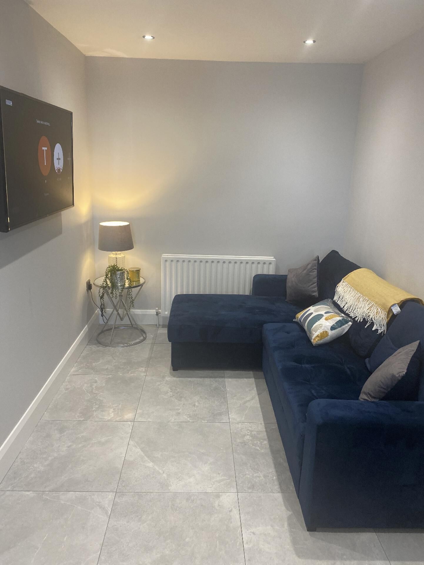 A modern living room with a dark blue sofa, a side table with a lamp, and a radiator.