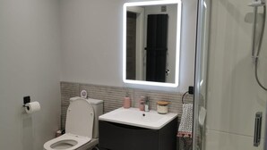 A modern bathroom with a toilet, sink, mirror, and shower.