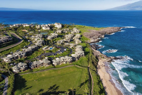 A coastal residential area with houses, a beach, and the ocean.