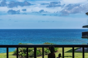 A view of the ocean from a balcony with a railing, a grassy area with plants, and a building structure to the right.