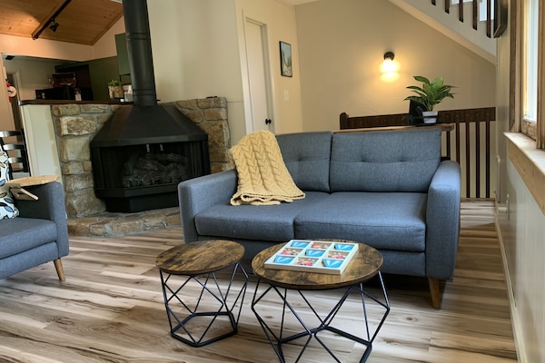 Smart TV, fireplace, books