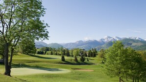A golf course with a large tree on the left, a well-maintained green, and a mountain range in the background. - Terrace, Garden, Apartment 80m², mountain view, wifi, office (Bagnères-de-Bigorre)