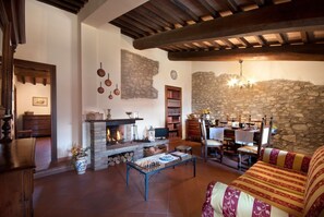 Télévision, cheminée, table de tennis de table, livres