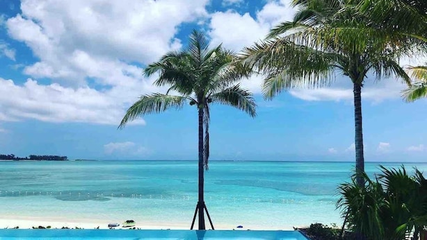 Una vista clara d'una piscina amb vista a l'oceà i palmeres.