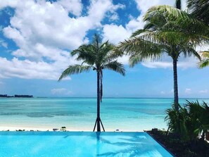 Ein Pool mit Blick auf den Ozean und Palmen.