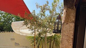 A poolside area with lounge chairs, a potted plant, and a lantern. - COUNTRY HOME (Castelnau-sur-Gupie)