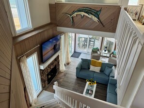 TV connectée, cheminée, lecteur de DVD, livres