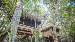 Two thatched-roof treehouses in a forested area with wooden walkways. - Wakax Hacienda - Cenote & Boutique Hotel - Small Luxury Hotels of the World (Tulum)