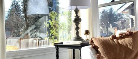 Smart TV, fireplace, books