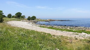 A coastal landscape with a rocky shoreline, grassy areas, and trees. - Gorgeous home in Svaneke with WiFi (Svaneke)