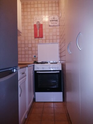 Réfrigérateur, four, batterie de cuisine, vaisselle et ustensiles