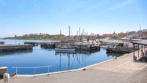 Un port de plaisance avec des bateaux amarrés, un chien sur le quai et un ciel dégagé.