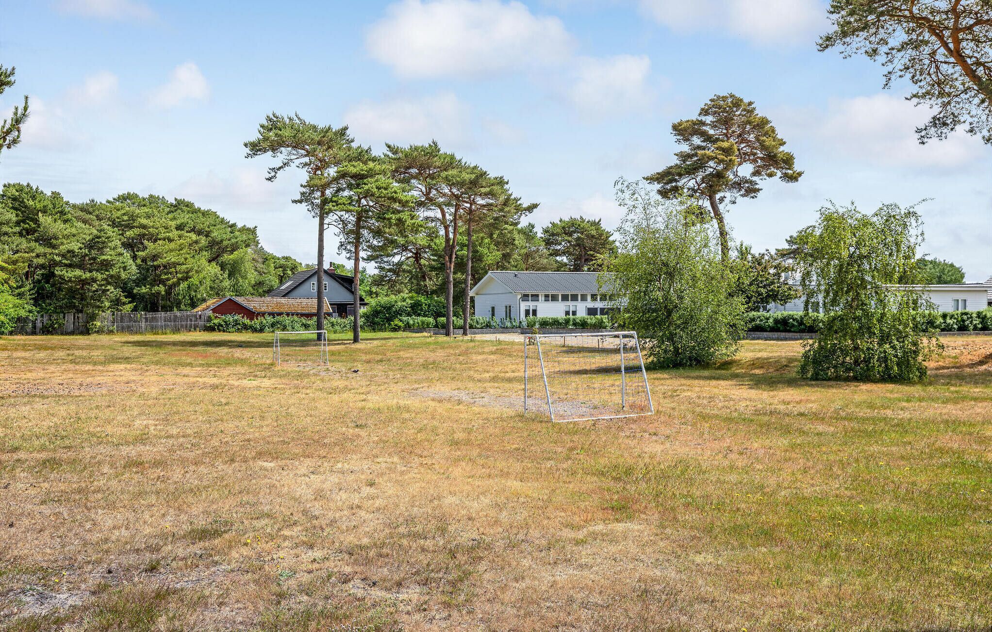Un terrain herbeux avec des buts de football, entouré d’arbres et de maisons.