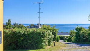 Ein Küstenanwesen mit einer großen Antenne, üppigem Grün und Blick auf das Meer.