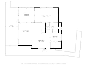 Ein Grundriss mit Wintergarten, Hauptschlafzimmer, Terrasse, Wohnzimmer, Essbereich, Küche, Bad und Veranda.