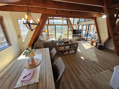 Interior. Lakefront A-Frame · Hot Tub · Paddle Pontoon Boat