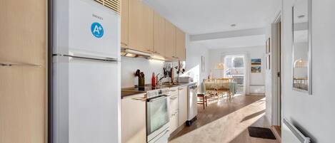 Fridge, stovetop, dishwasher, coffee/tea maker