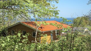 A small wooden house with a red roof, surrounded by dense greenery and overlooking a body of water. - 2 bedroom awesome home in Allinge (Allinge)