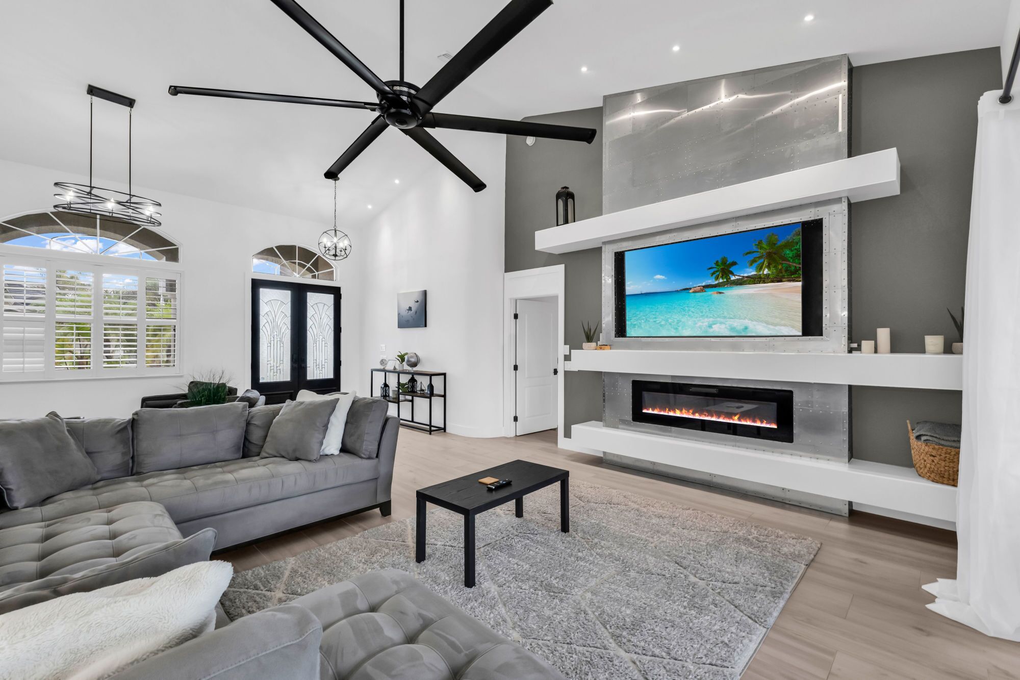 Smart TV, fireplace, books