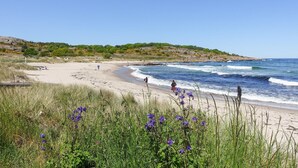 En strand med mennesker, der går langs kysten, blødt sand og bølger, der slår ind mod land.