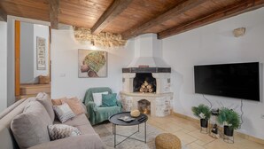 Un soggiorno con camino in pietra, un divano, un televisore e piante in vaso.