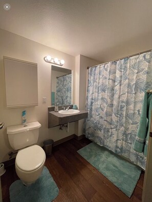 Combined shower/tub, towels