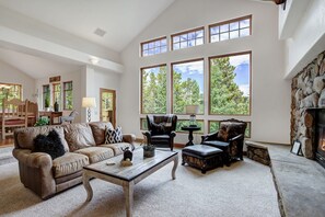 Smart TV, chimenea, libros y oficina 