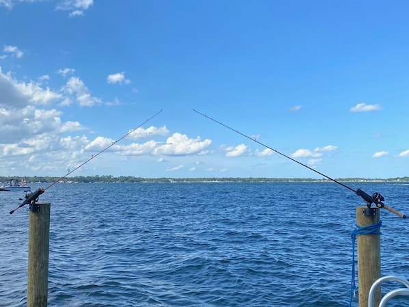 Two fishing rods on wooden posts in a body of water with a distant shoreline.