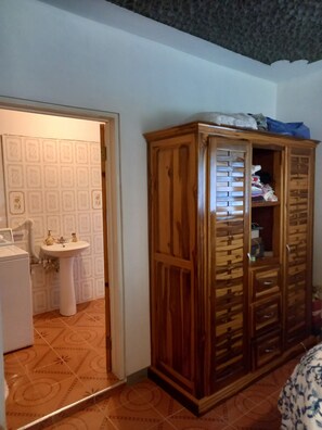 Shower, towels, soap, toilet paper