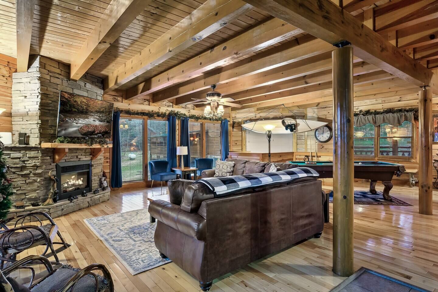 Smart TV, fireplace, video games, DVD player