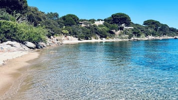 On the beach, sun-loungers, beach towels