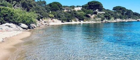 On the beach, sun-loungers, beach towels