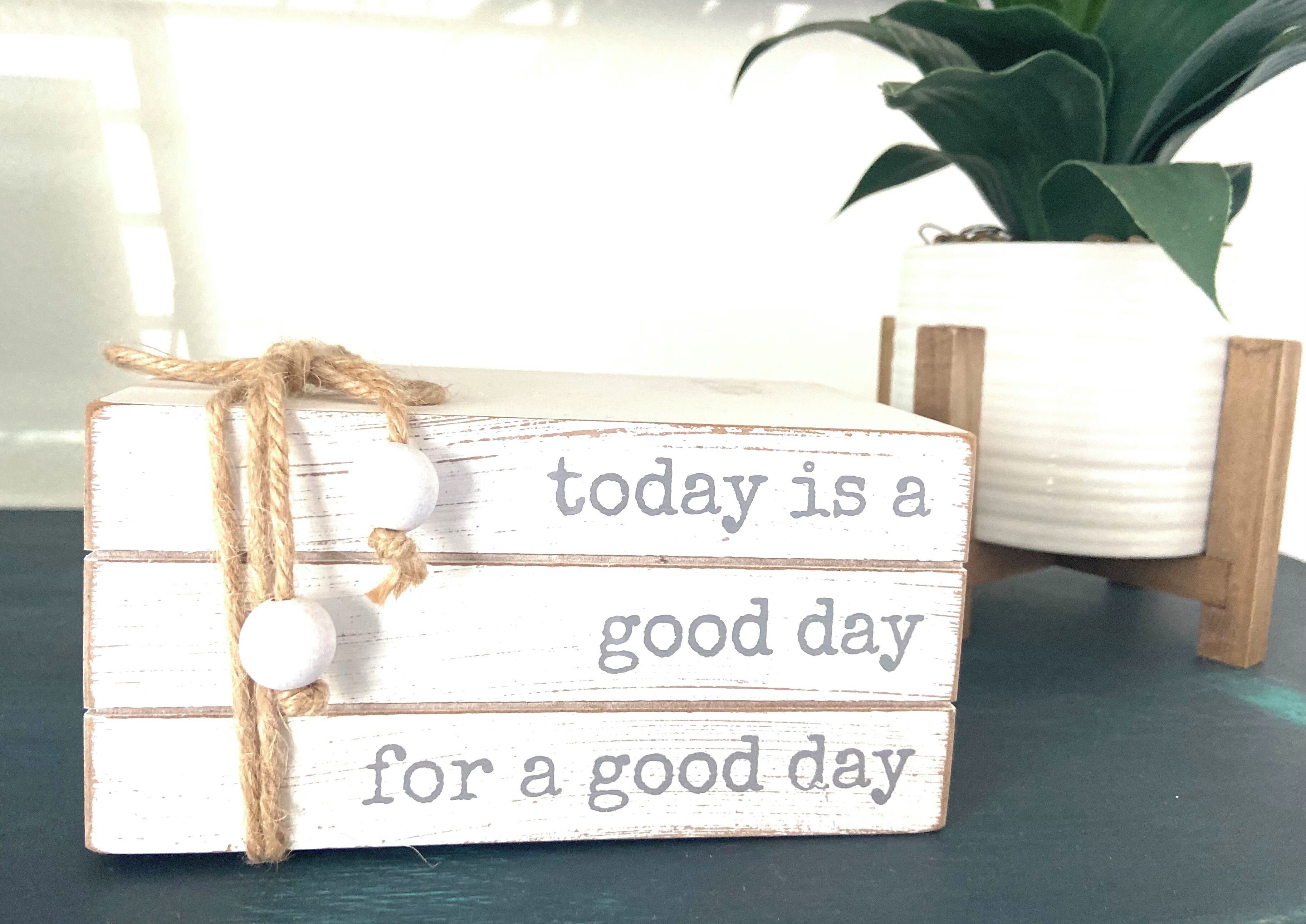A rustic wooden sign with a motivational message, tied with a rope, placed on a table next to a potted plant.