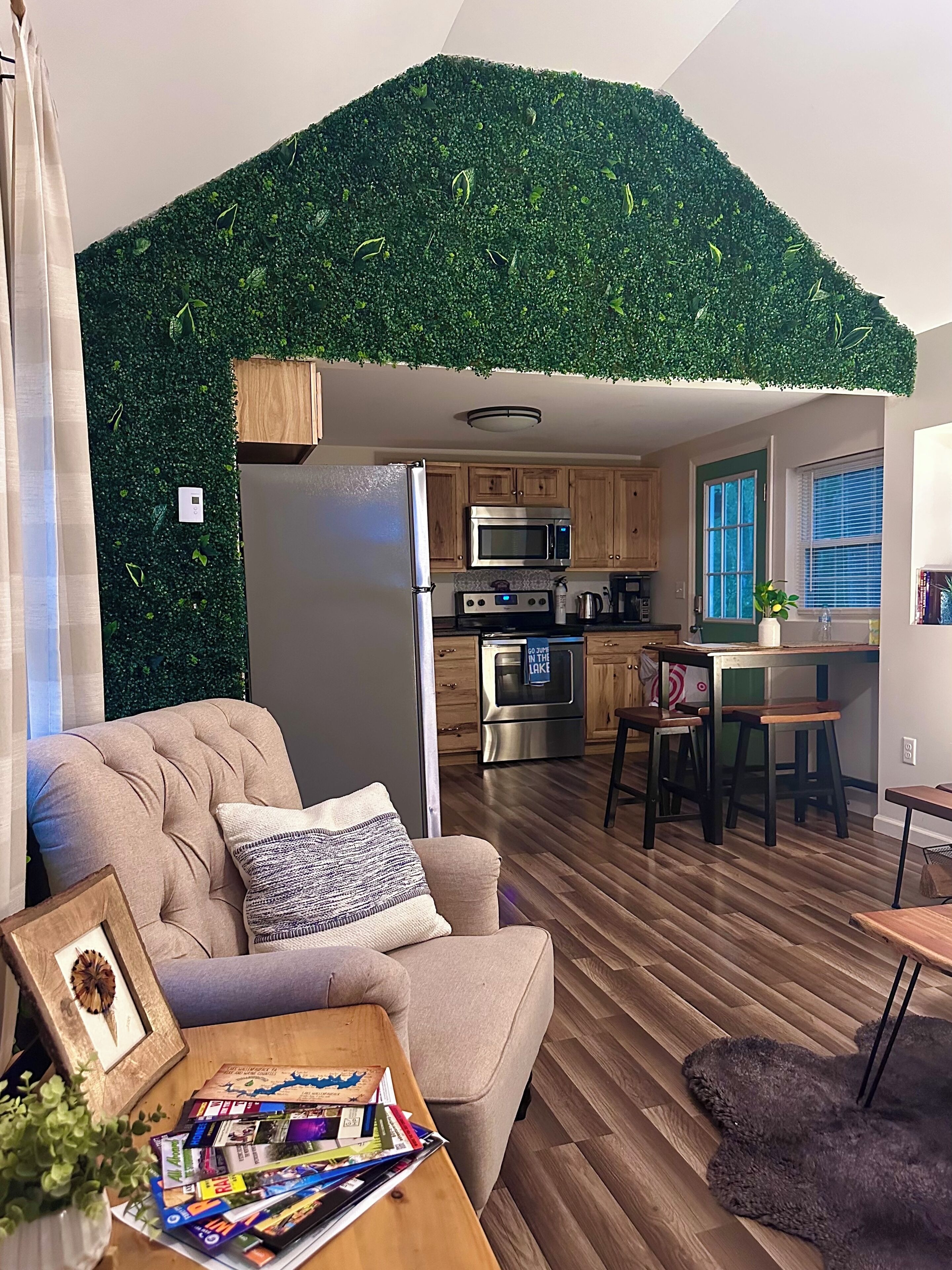 Smart TV, fireplace, books