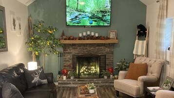 Smart TV, chimenea y libros