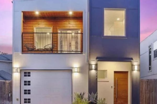 Front exterior at nighttime.