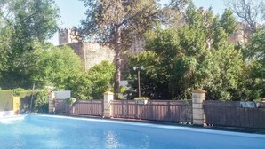 A swimming pool with a wooden fence and stone pillars, surrounded by trees and a stone wall in the background. - Cozy home in El Coronil (El Coronil)